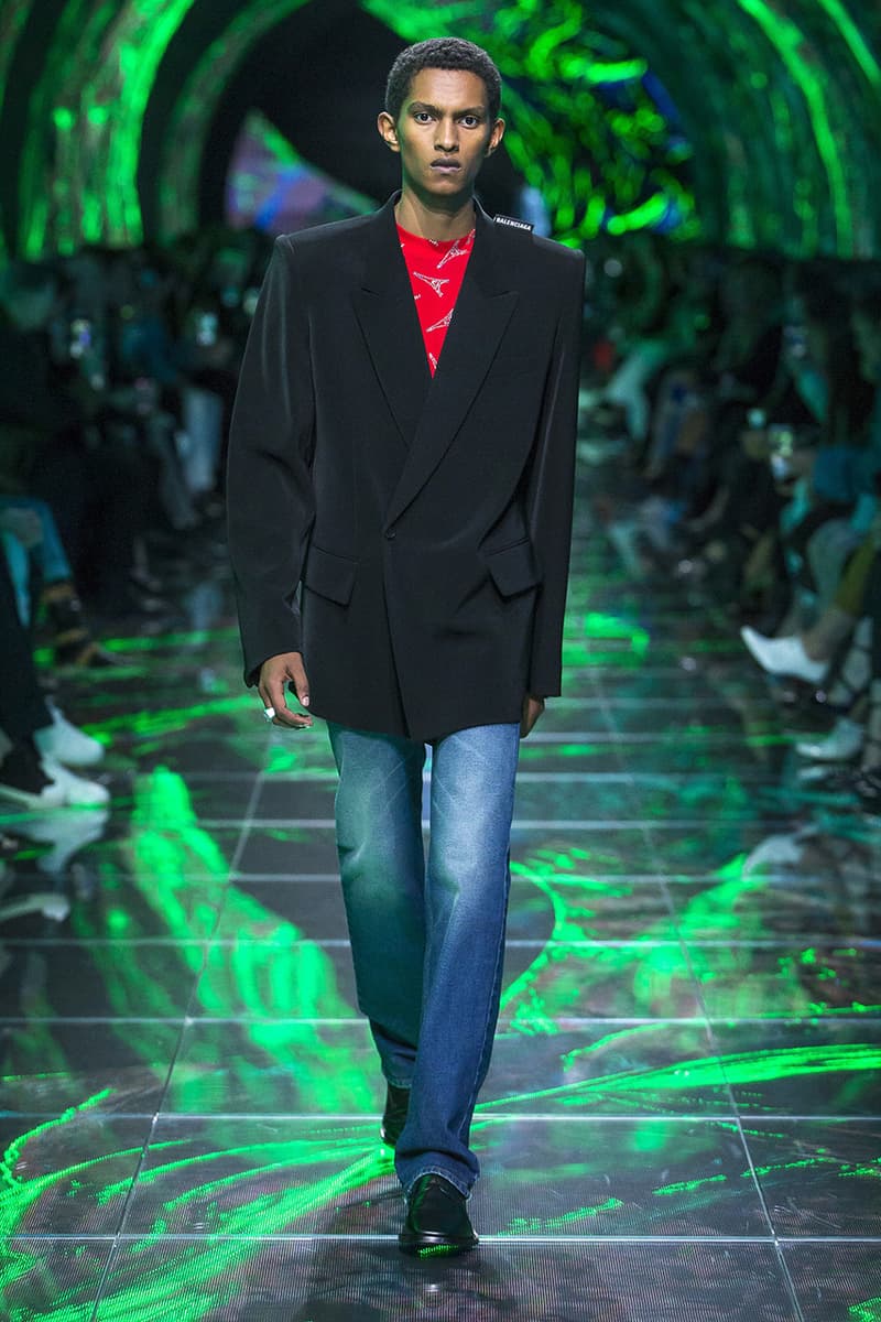 balenciaga runway spring 2019 collection paris fashion week men women demna gvasalia suit shoulder sneaker track dress logo HYPEBEAST