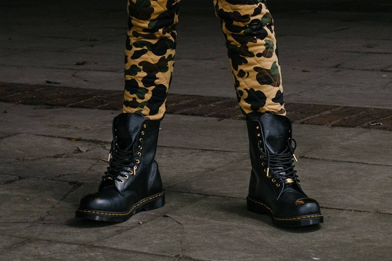エイプ　ベイプ　ドクターマーチン　ブーツ　コラボブーツ　シューズ　BAPE x Dr. Martens Steel Toe Boots Launch Event lookbook green black leather 10-eye and 3-eye boots