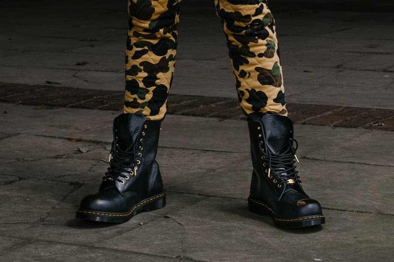 エイプ ベイプ ドクターマーチン ブーツ コラボブーツ シューズ BAPE x Dr. Martens Steel Toe Boots Launch Event lookbook green black leather 10-eye and 3-eye boots