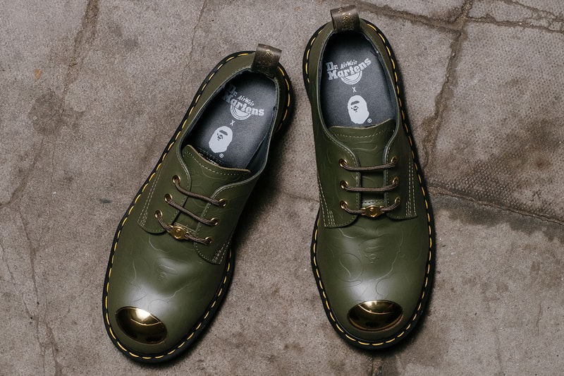 エイプ　ベイプ　ドクターマーチン　ブーツ　コラボブーツ　シューズ　BAPE x Dr. Martens Steel Toe Boots Launch Event lookbook green black leather 10-eye and 3-eye boots