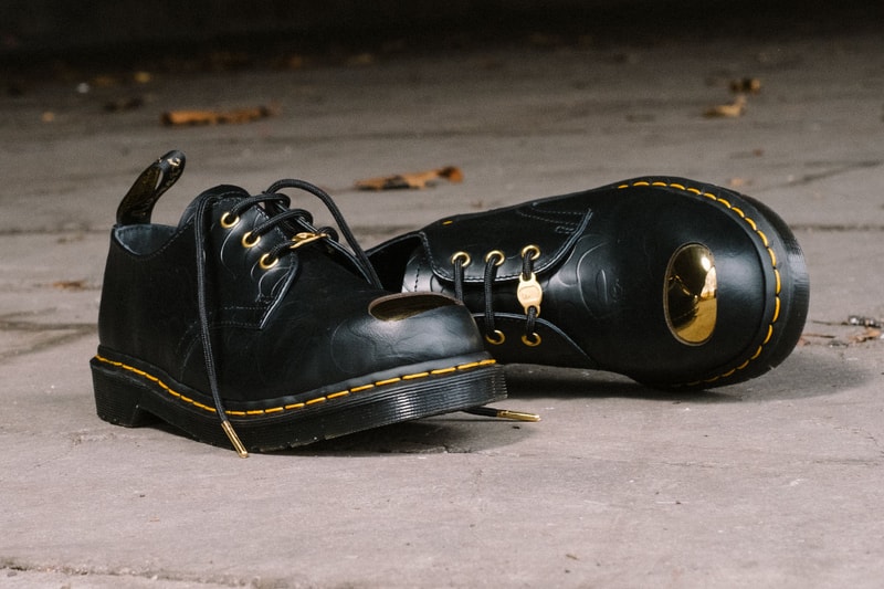 エイプ　ベイプ　ドクターマーチン　ブーツ　コラボブーツ　シューズ　BAPE x Dr. Martens Steel Toe Boots Launch Event lookbook green black leather 10-eye and 3-eye boots