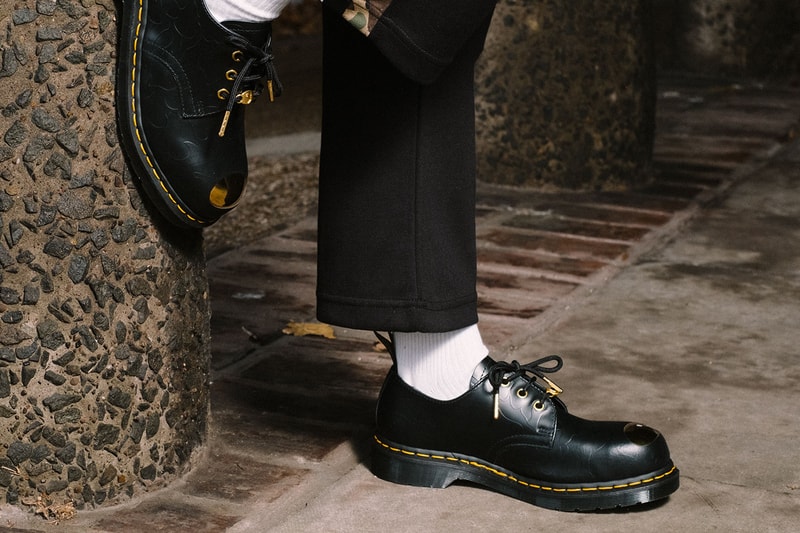 エイプ　ベイプ　ドクターマーチン　ブーツ　コラボブーツ　シューズ　BAPE x Dr. Martens Steel Toe Boots Launch Event lookbook green black leather 10-eye and 3-eye boots