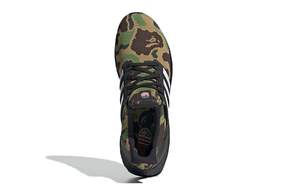 ベイプ　アディダス　ブースト　スニーカー　BAPE x adidas UltraBOOST Official Look a bathing ape sneaker football nfl super bowl LIII green black camo 1st camo