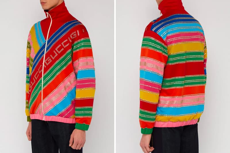 グッチ Gucci Crystal Embellished Striped Bomber Jacket Release Info Date MATCHESFASHION.COM red blue green yellow pink