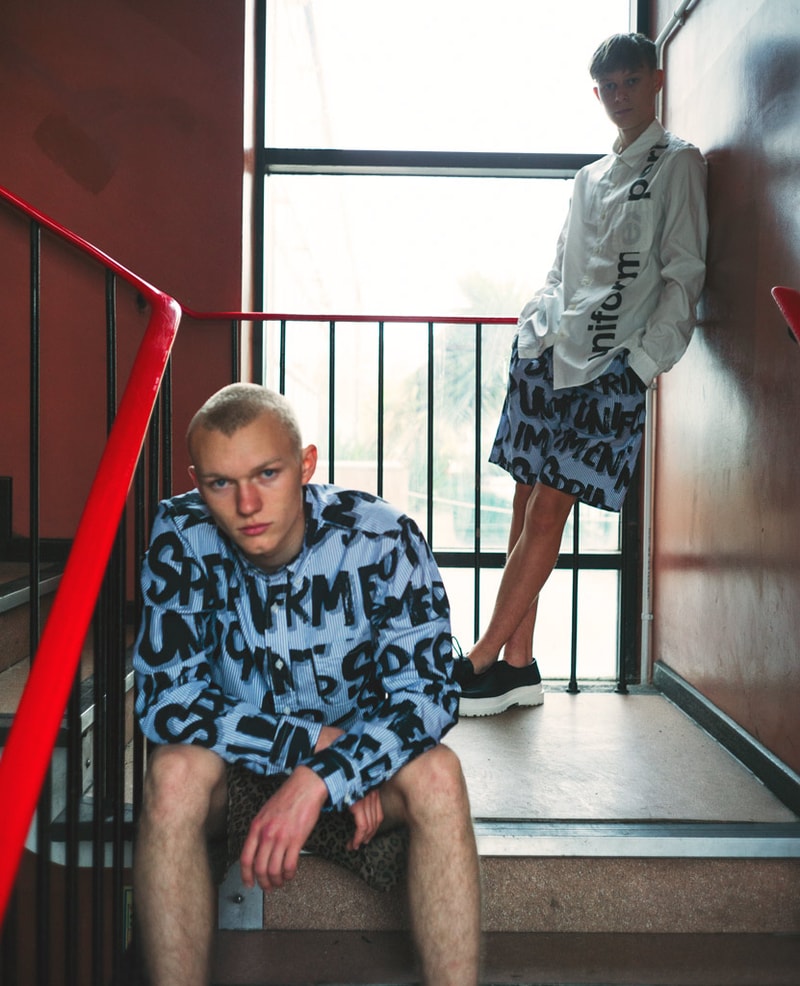 ユニフォーム エクスペリメント オンライン ソフネット オンライン アウター シャツ uniform experiment Spring/Summer 2019 Lookbook collection Japanese streetwear bomber suit graphic crewneck t-shirt tee trousers shorts