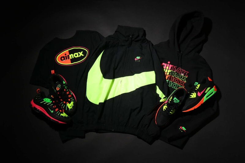 ナイキ atmos アトモス オンライン  東京 トウキョウ ネオン コレクション エアマックス　アパレル　スニーカー　 Nike Tokyo Neon Collection Clothing Air Max 90 98 release date info buy japan colorways jacket zip up big swoosh logo branding atmos