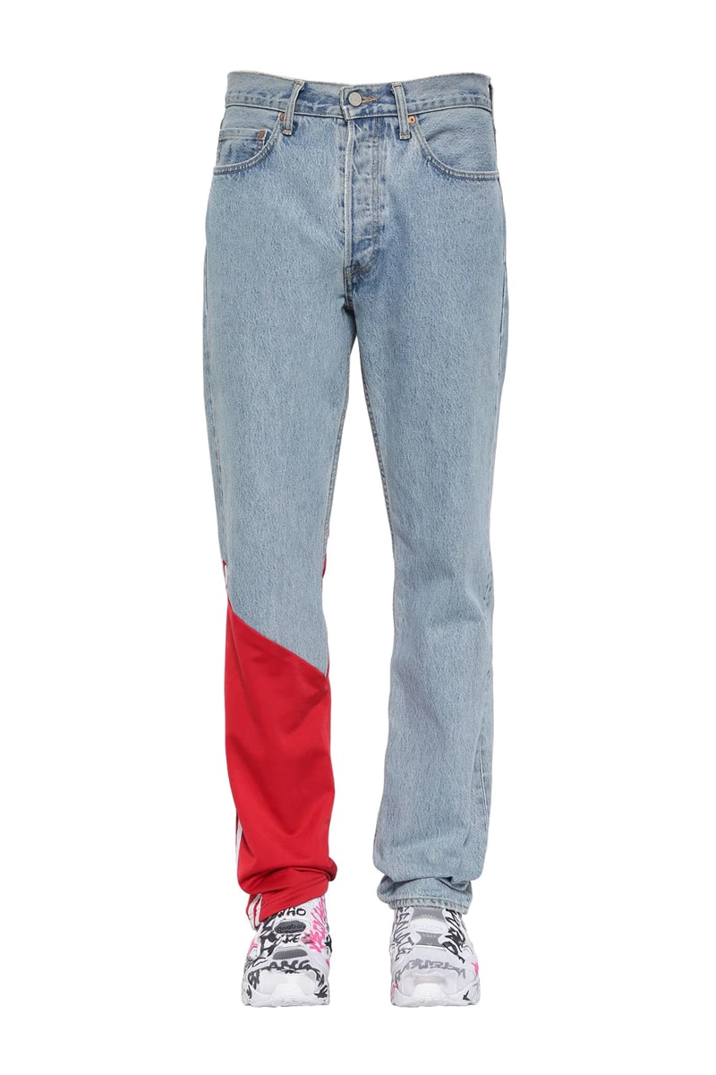 ヴェトモン x リーバイス Vetements x Levis よりデニム地にトラックパンツをドッキングさせた異色のジーンズが登場 Vetements Jersey Detail Denim Jeans Release Washed Red LUISAVIAROMA Demna Gvasalia Levis Track Pants