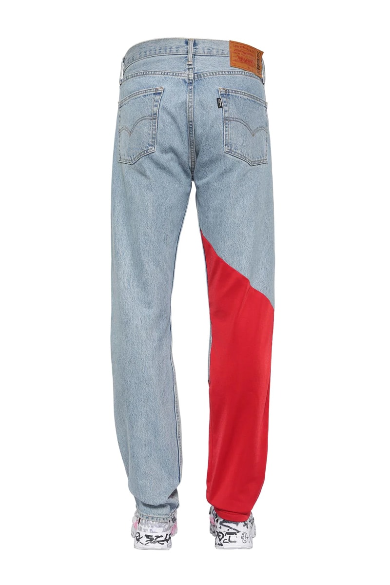 ヴェトモン x リーバイス Vetements x Levis よりデニム地にトラックパンツをドッキングさせた異色のジーンズが登場 Vetements Jersey Detail Denim Jeans Release Washed Red LUISAVIAROMA Demna Gvasalia Levis Track Pants