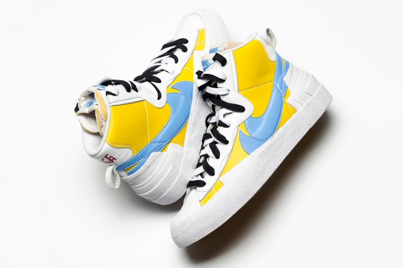 sacai x Nike による最新コラボフットウェア Blazer With the Dunk “White/Baby Blue/Yellow” にクローズアップ