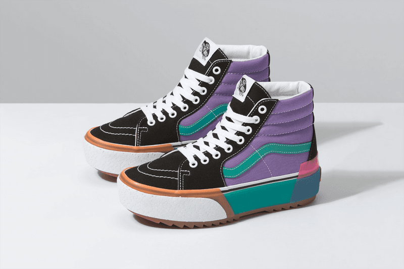 ヴァンズ チャンキーソール Vans "Stacked" Platform Era and Sk8-Hi Sneakers confetti fairy wren sea green checkerboard white colorway
