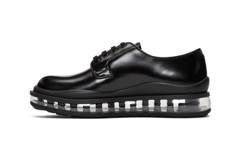 ブラダ prada black leather bounce derbys shoes release clear translucent sole  