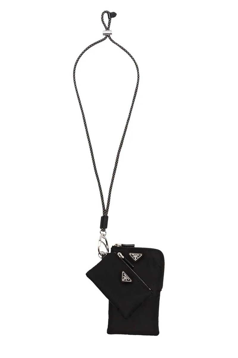プラダ 新作 ネックウォレット Prada Pocone Lanyard Set Neck Bag Milano Triangle Badge Nylon Black Grey Cord Tie Strap Metal Stopper Emblem Plaques Saffiano Leather Trims 