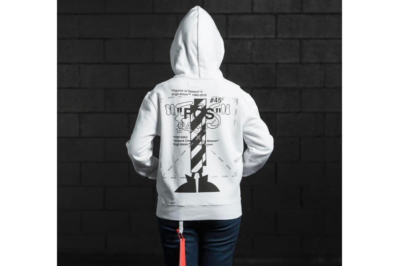 Virgil Abloh x Simon Brown MCA Chicago Apparel release info drop date price stockist museum of contemporary art "FIGURES OF SPEECH" exhibition off-white pyrex FOS # blue hoodie tees t-shirts