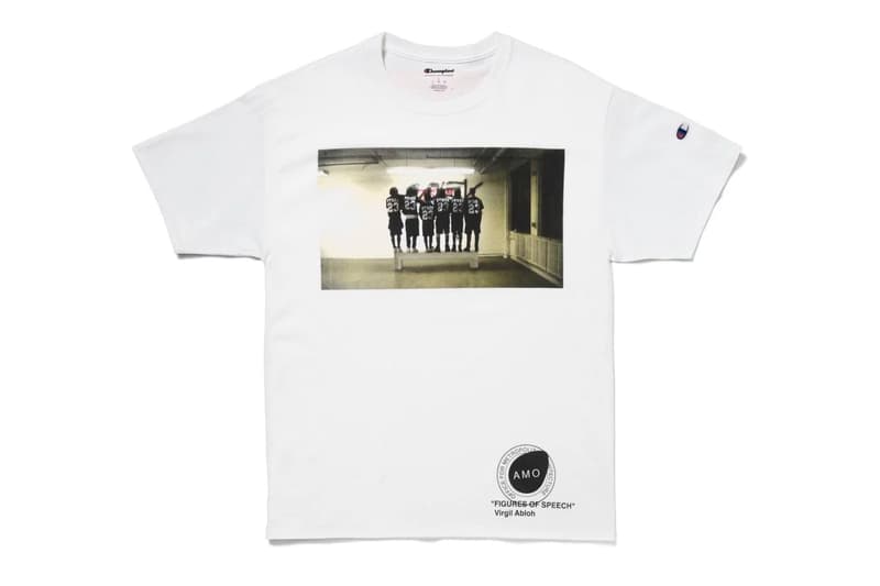 Virgil Abloh x Simon Brown MCA Chicago Apparel release info drop date price stockist museum of contemporary art "FIGURES OF SPEECH" exhibition off-white pyrex FOS # blue hoodie tees t-shirts