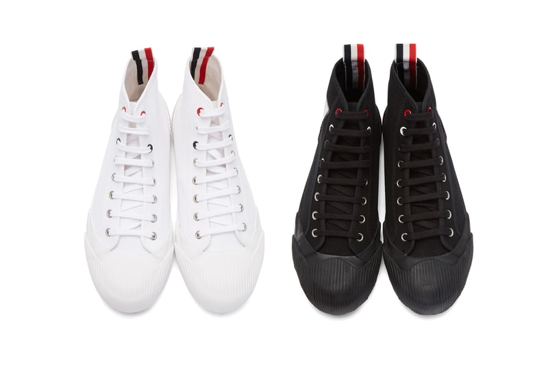 Thom Brown 4 bar  tri-colour grosgrain tab high top sneakers ssense エッセンス ハイトップ カット スニーカー ホワイト ブラック trainers release black white color ways 2019 fall winter トムブラウン ニューヨーク