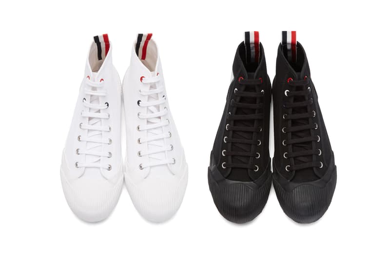 Thom Brown 4 bar tri-colour grosgrain tab high top sneakers ssense エッセンス ハイトップ カット スニーカー ホワイト ブラック trainers release black white color ways 2019 fall winter トムブラウン ニューヨーク