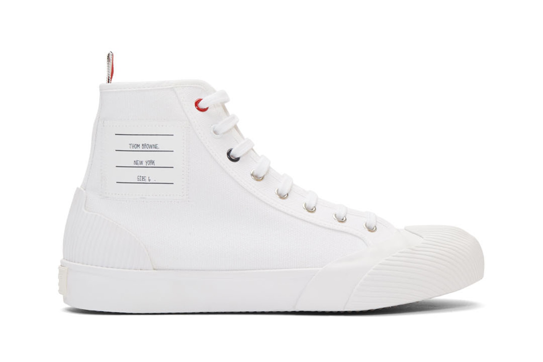 Thom Brown 4 bar  tri-colour grosgrain tab high top sneakers ssense エッセンス ハイトップ カット スニーカー ホワイト ブラック trainers release black white color ways 2019 fall winter トムブラウン ニューヨーク