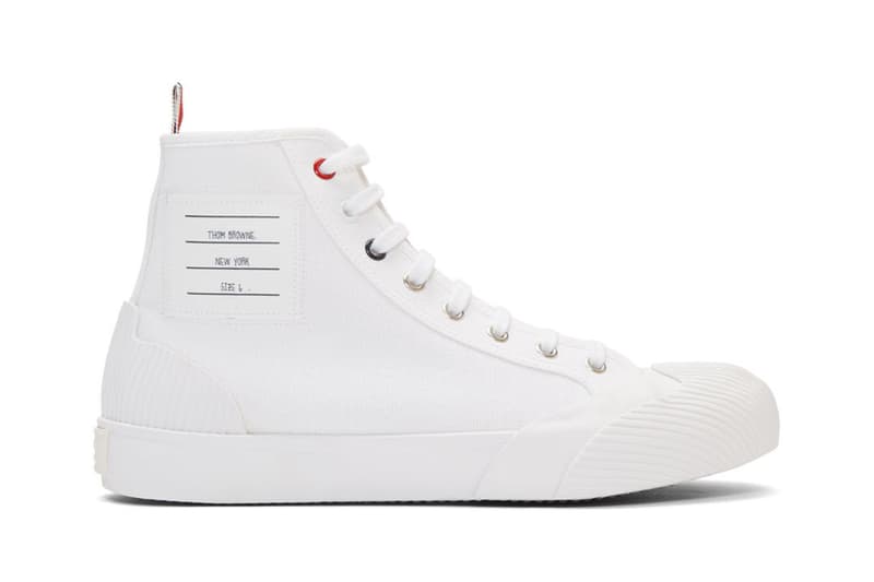 Thom Brown 4 bar tri-colour grosgrain tab high top sneakers ssense エッセンス ハイトップ カット スニーカー ホワイト ブラック trainers release black white color ways 2019 fall winter トムブラウン ニューヨーク