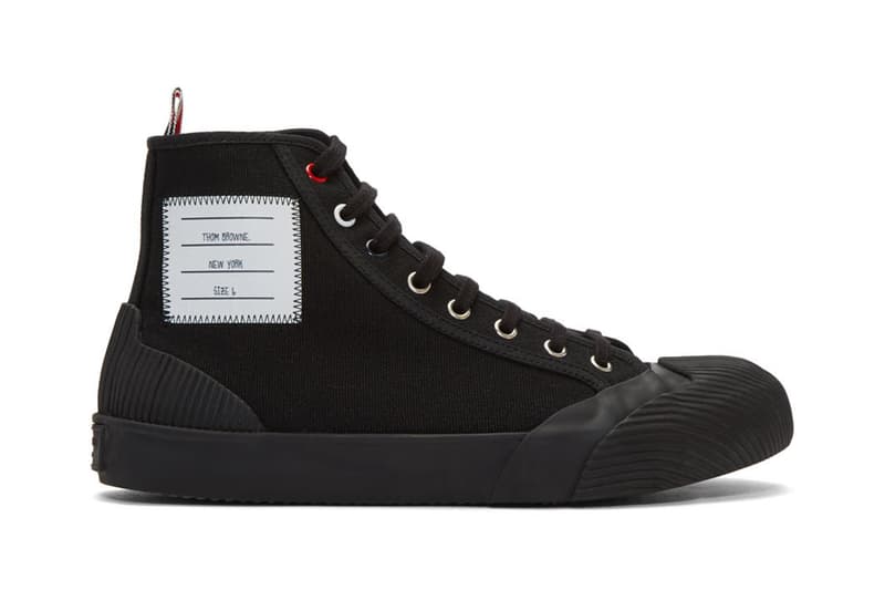 Thom Brown 4 bar  tri-colour grosgrain tab high top sneakers ssense エッセンス ハイトップ カット スニーカー ホワイト ブラック trainers release black white color ways 2019 fall winter トムブラウン ニューヨーク