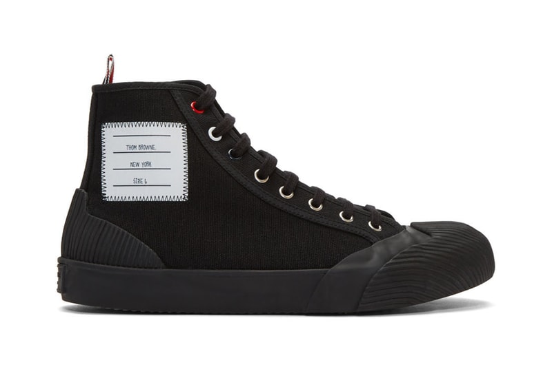 Thom Brown 4 bar  tri-colour grosgrain tab high top sneakers ssense エッセンス ハイトップ カット スニーカー ホワイト ブラック trainers release black white color ways 2019 fall winter トムブラウン ニューヨーク