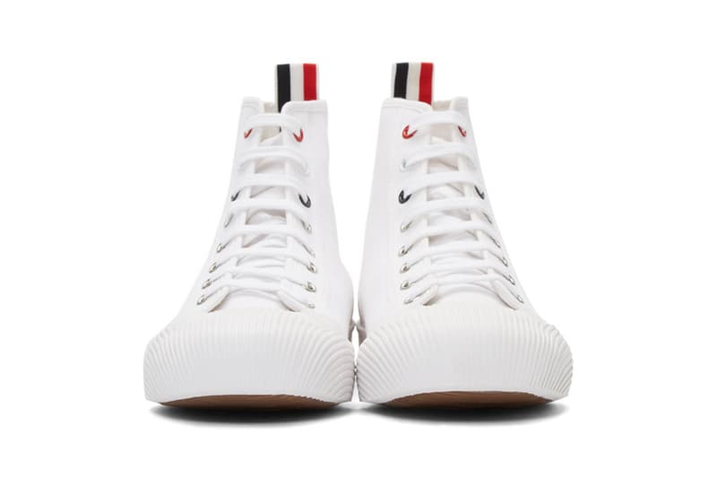 Thom Brown 4 bar  tri-colour grosgrain tab high top sneakers ssense エッセンス ハイトップ カット スニーカー ホワイト ブラック trainers release black white color ways 2019 fall winter トムブラウン ニューヨーク