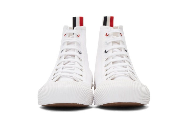 Thom Brown 4 bar  tri-colour grosgrain tab high top sneakers ssense エッセンス ハイトップ カット スニーカー ホワイト ブラック trainers release black white color ways 2019 fall winter トムブラウン ニューヨーク