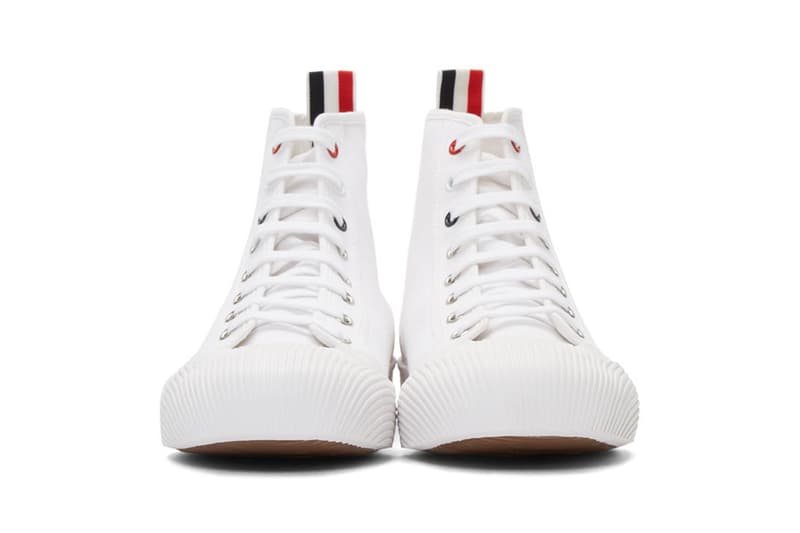 Thom Brown 4 bar tri-colour grosgrain tab high top sneakers ssense エッセンス ハイトップ カット スニーカー ホワイト ブラック trainers release black white color ways 2019 fall winter トムブラウン ニューヨーク