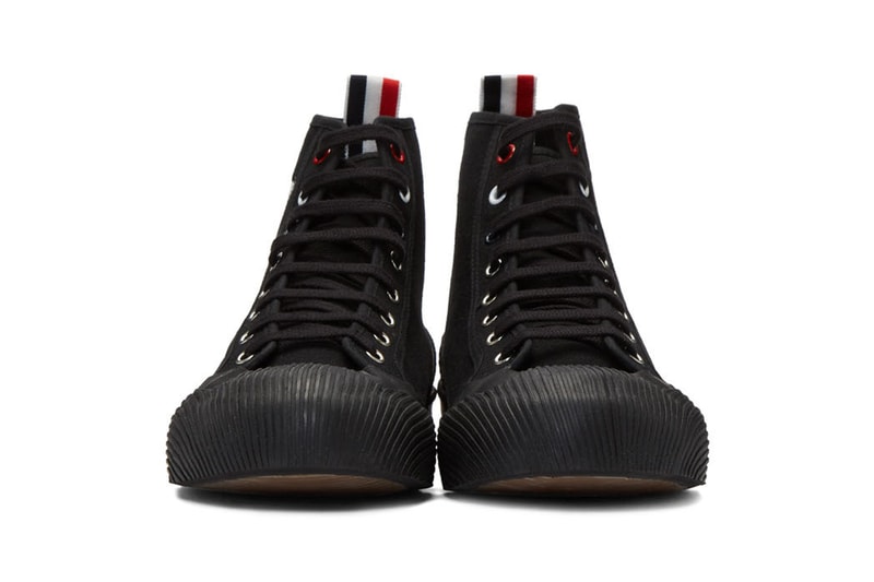 Thom Brown 4 bar  tri-colour grosgrain tab high top sneakers ssense エッセンス ハイトップ カット スニーカー ホワイト ブラック trainers release black white color ways 2019 fall winter トムブラウン ニューヨーク