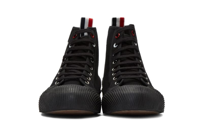 Thom Brown 4 bar tri-colour grosgrain tab high top sneakers ssense エッセンス ハイトップ カット スニーカー ホワイト ブラック trainers release black white color ways 2019 fall winter トムブラウン ニューヨーク