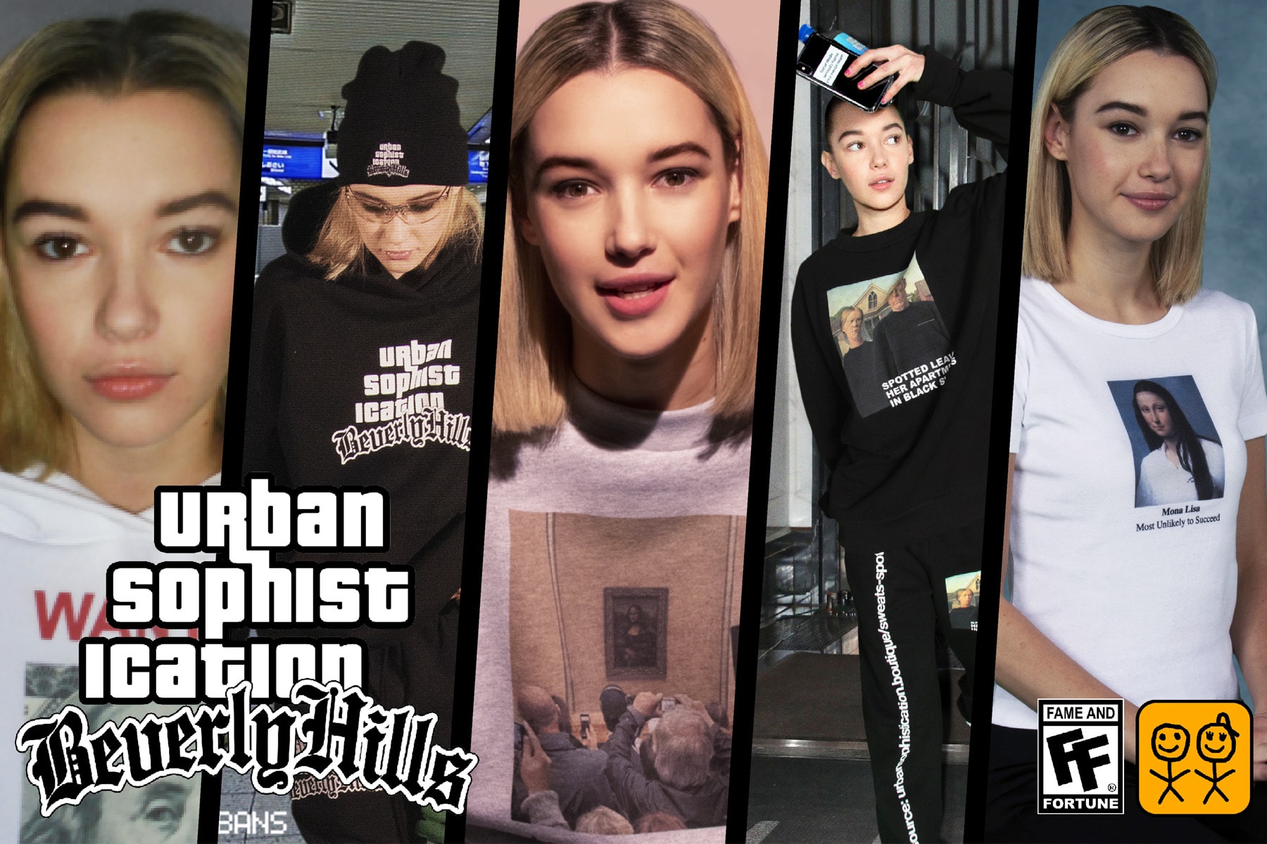 Urban Sophistication アーバンソフィスティケーション drops 最新 カプセル コレクション fame and fortune new capsule collection featured by サラ スナイダー sarah snyder paparazzi mugshot graduation picture unique theme 