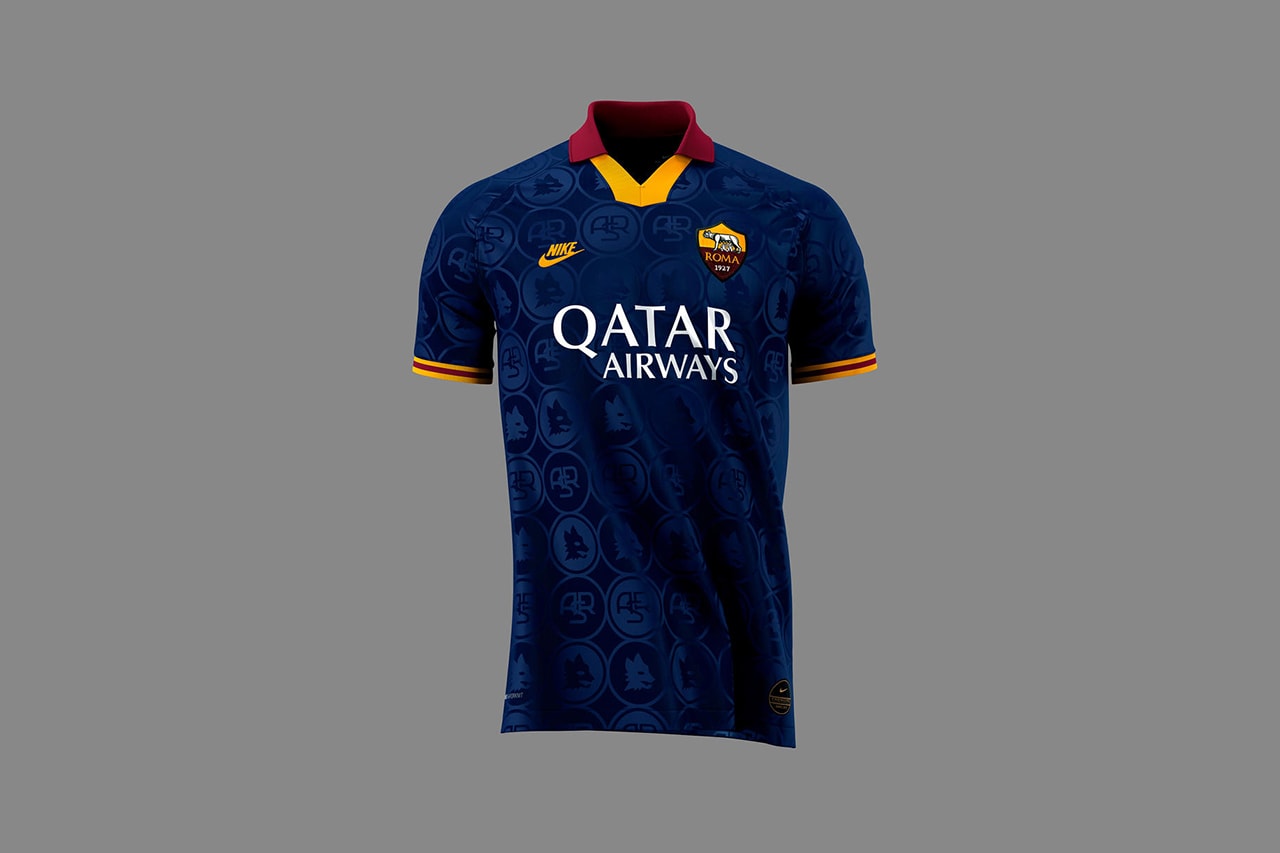 as roma 2019 20 third kit serie a italy europa league navy blue galiorossi gold yellow red jacquard pattern futura swoosh tick Nike branding buy cop purchase order vintage retro