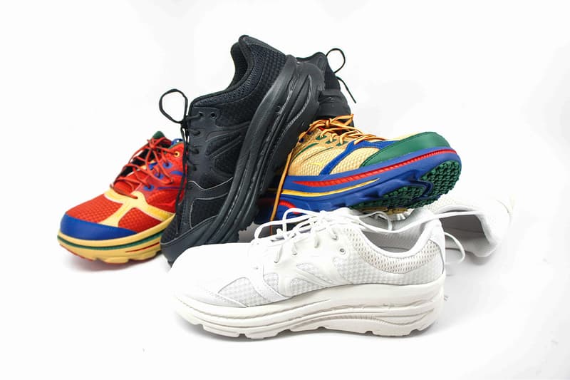Engineered Garments エンジニアドガーメンツ x HOKA ONE ONE ホカオネオネ コラボ 第3弾目 フットウェア スニーカー アシンメトリー ネペンテス capsule three colorways drop date release info multicolor yellow blue red green black white