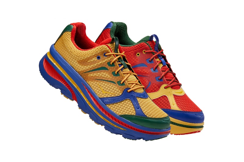 Engineered Garments エンジニアドガーメンツ x HOKA ONE ONE ホカオネオネ コラボ 第3弾目 フットウェア スニーカー アシンメトリー ネペンテス capsule three colorways drop date release info multicolor yellow blue red green black white
