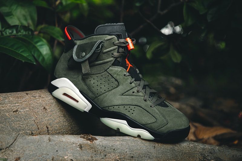 トラヴィス・スコット x エアジョーダン  ナイキ travis scott air jordan brand 6 cactus jack closer look buy cop purchase raffle olive green red infrared branding white black translucent midsole glow in the dark hbx dover street market la flame
