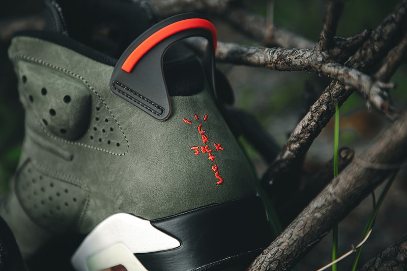 トラヴィス・スコット x エアジョーダン  ナイキ travis scott air jordan brand 6 cactus jack closer look buy cop purchase raffle olive green red infrared branding white black translucent midsole glow in the dark hbx dover street market la flame