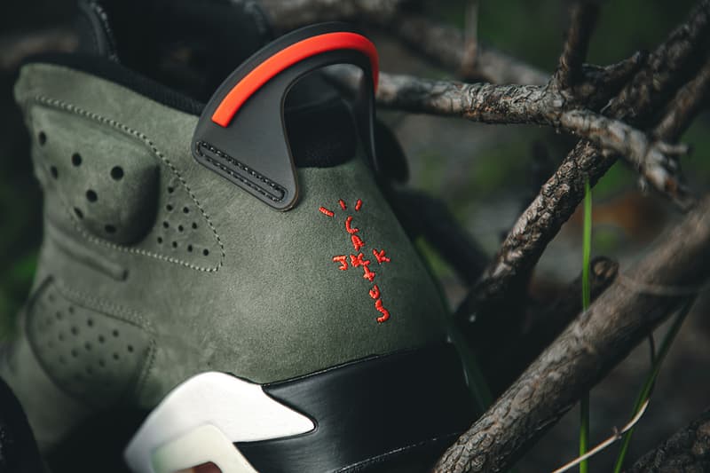 トラヴィス・スコット x エアジョーダン ナイキ travis scott air jordan brand 6 cactus jack closer look buy cop purchase raffle olive green red infrared branding white black translucent midsole glow in the dark hbx dover street market la flame