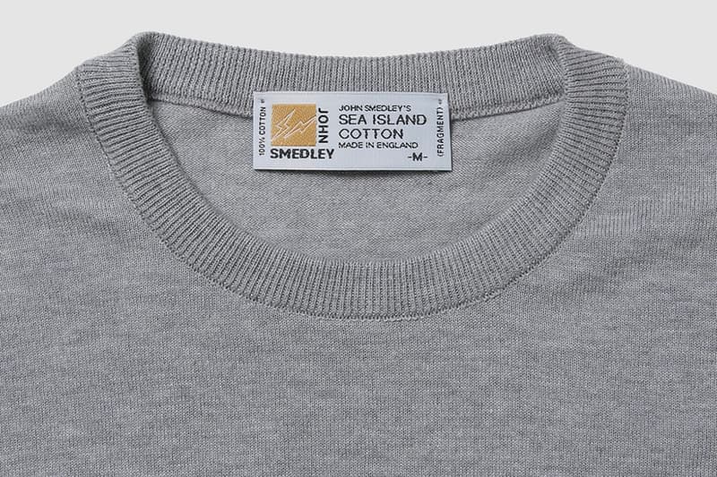 フラグメント x ジョン スメドレーの 藤原ヒロシの愛用ニットをベースとした fragment design x John Smedley のコラボアイテムが登場 fragment design John Smedley Crewneck essentials sweaters long sleeves pullovers shirts made in england sea island wear thunderbolts logo packaging ginza hiroshi fujiwara