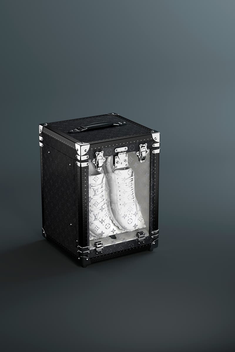 ルイ・ヴィトンがモノグラムを全面にまとったスニーカーボックスを発表 Louis Vuitton Black Single Sneaker Box Trunk Release Info Onyx Display Presentation 