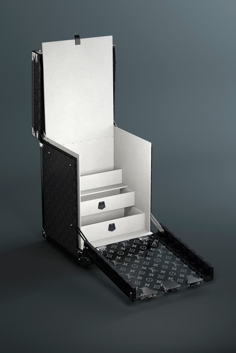 ルイ・ヴィトンがモノグラムを全面にまとったスニーカーボックスを発表 Louis Vuitton Black Single Sneaker Box Trunk Release Info Onyx Display Presentation