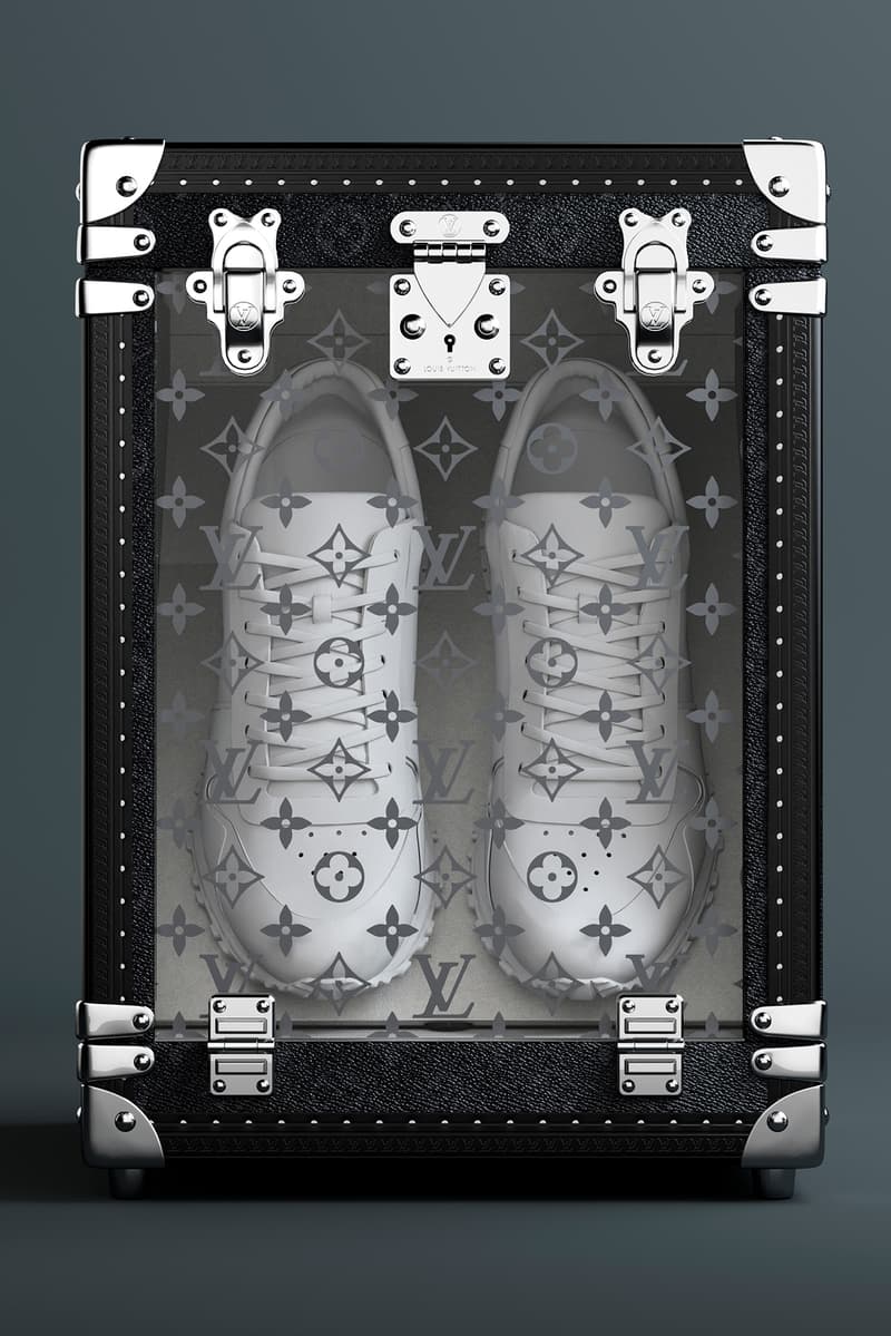 ルイ・ヴィトンがモノグラムを全面にまとったスニーカーボックスを発表 Louis Vuitton Black Single Sneaker Box Trunk Release Info Onyx Display Presentation 