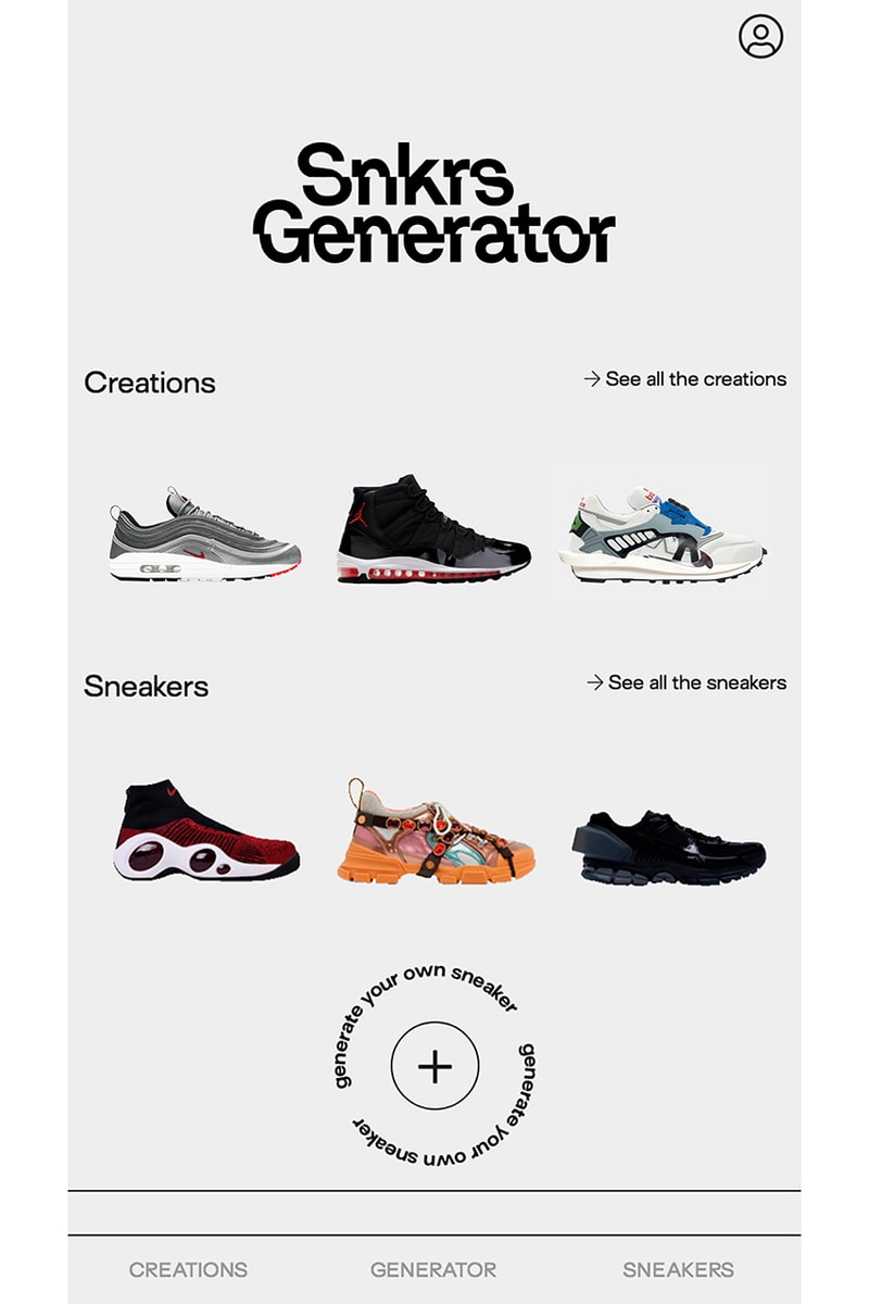 Sneakers Generator スニーカージェネレーター App Custom Silhouettes アプリ アイフォン Info nike adidas off-white ナイキ アディダス エアジョーダン jordan gucci customization material color accessories design details nss factory deconstruction digital technology