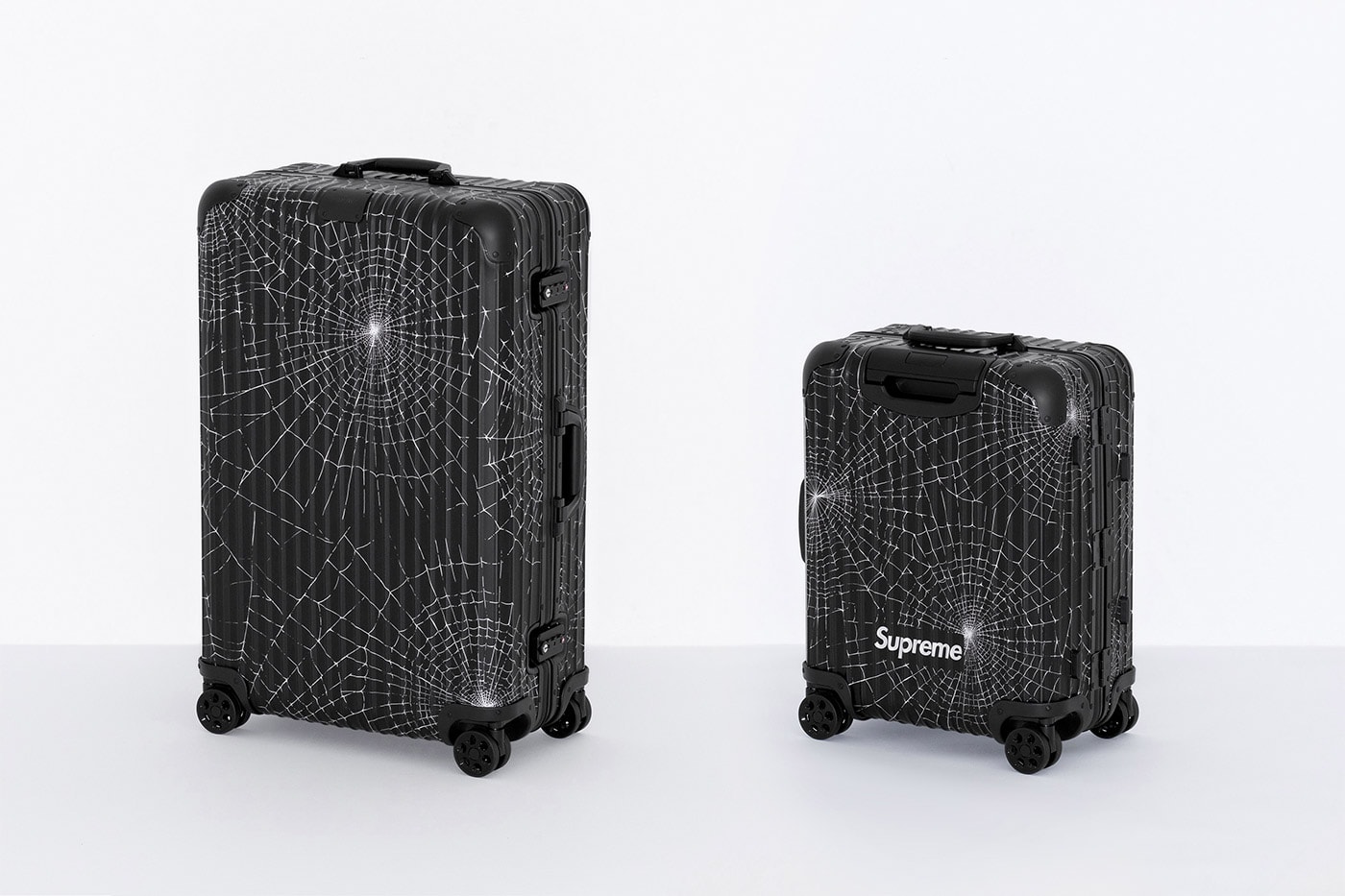 Supreme x RIMOWA Spring 2019 Custom Suitcases aluminum bodies black anodized spiderweb monogram print