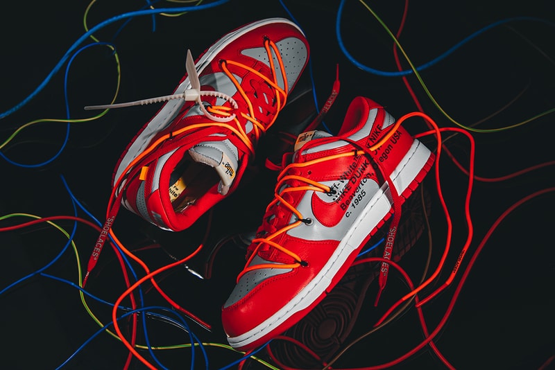オフホワイトx ナイキ ダンク 3型にクローズアップ Off-White™ Nike Dunk Low virgil abloh university red gold pine green release information buy cop purchase details sneaker footwear sb