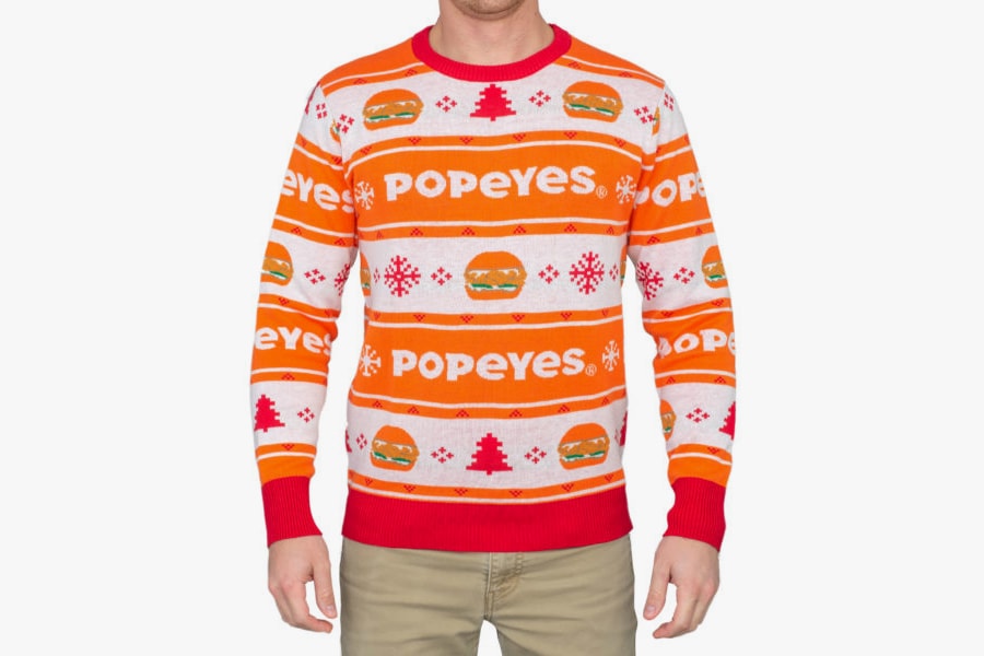 Popeyes ポパイズ チキン サンドイッチChicken Sandwich ホリデー クリスマス　アグリーセーター Ugly Christmas Sweater Release Info Buy Burger Seasonal Festive Period Gift Guide Funny Jumpers Print Louisiana Fast Food 