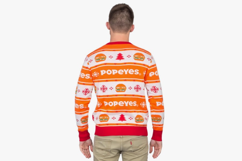 Popeyes ポパイズ チキン サンドイッチChicken Sandwich ホリデー クリスマス　アグリーセーター Ugly Christmas Sweater Release Info Buy Burger Seasonal Festive Period Gift Guide Funny Jumpers Print Louisiana Fast Food 