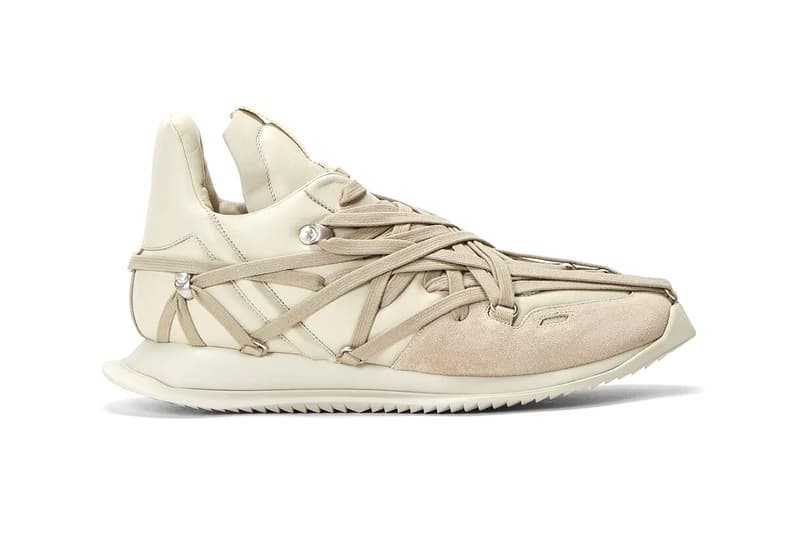リック・オウエンス Rick Owens よりボンデージからインスピレーションを得たスニーカーが登場 Rick Owens Maximal Runner Beige sneakers footwear kicks runners trainers shoes streetwear bondage laces light brown silver toned eyelet hooks drkshdw made in italy leather suede