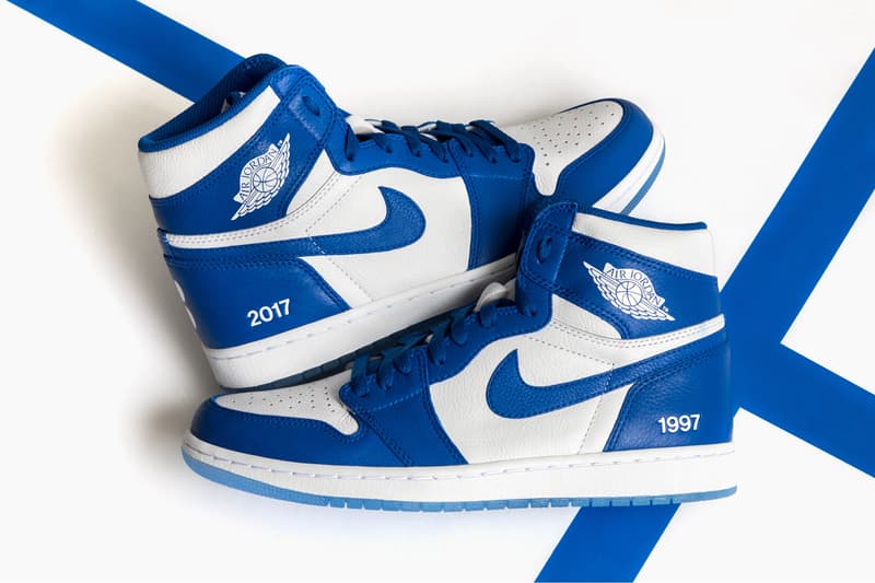 Donate ナイキ コレット 限定 エアジョーダン 1 寄付 ギブアウェイ for the Air Jordan 1 Colette Blue Bonjour Au Revoiur ストックエックス 1997 2017 Oceana two-dot logo icy blue blue and pearly white coated over the lateral ankle collar and midsole hello farewell