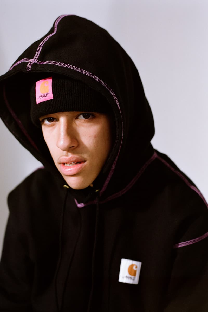 アウェイク NY カーハート WIP Awake NY × Carhartt WIP がコラボカプセルコレクションをリリース Awake NY x Carhartt WIP Capsule Collection release drop info vintage hunting outerwear outdoors workwear michigan coat american script jersey Watch Hat beanie in Black, Hamilton Brown, and Awake NY Bright Blue