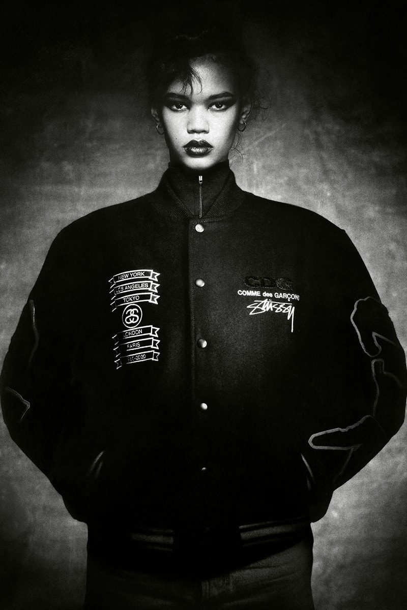 ステューシー コム デ ギャルソン STÜSSY × COMME des GARÇONS によるコラボジャケットがリリース COMME des GARÇONS Stüssy 40th Anniversary Varsity Jacket Release Info Buy Price Where Melton Wool Black