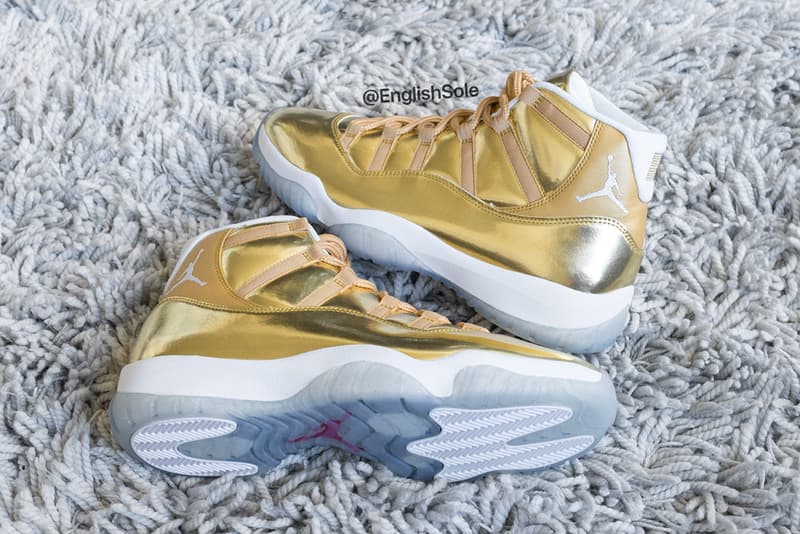 黄金に光り輝く OVO × Air Jordan 11 のビジュアルが公開 Drake's Unreleased Gold OVO Air Jordan 11 Closer Look Official Golden Flecks Metallic Icy Sole Unit Jumpman 23 Shoetrees Glitter Highly Limited Samples 10 Pairs Shoes Footwear Sneakers
